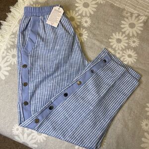 NWT Pull On Striped Pants Medium Blue White Elastic Waist Button Detail